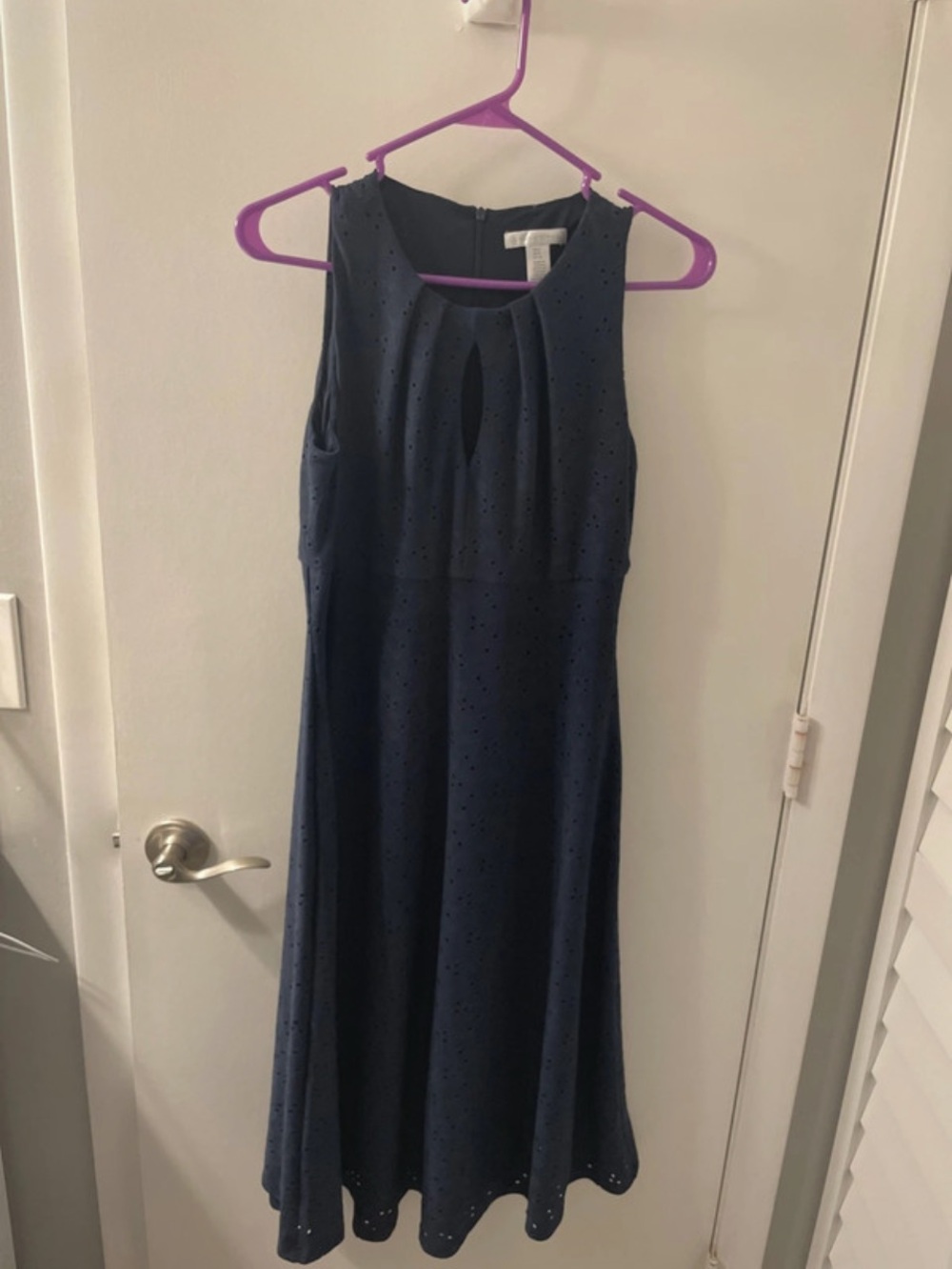 London Times Navy Eyelet Keyhole Midi Dress